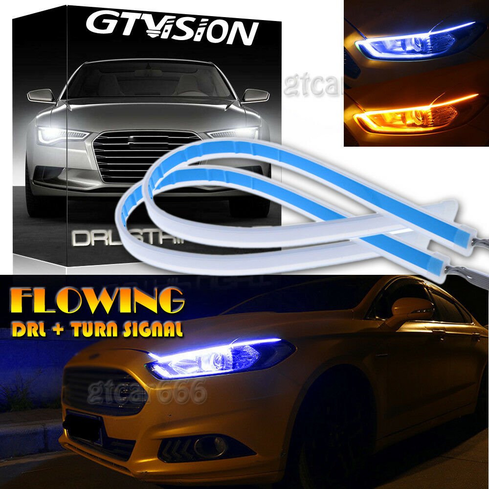 2x 60CM Switchback Car DRL LED Light Strip Sequential Turn Signal Blue + Amber