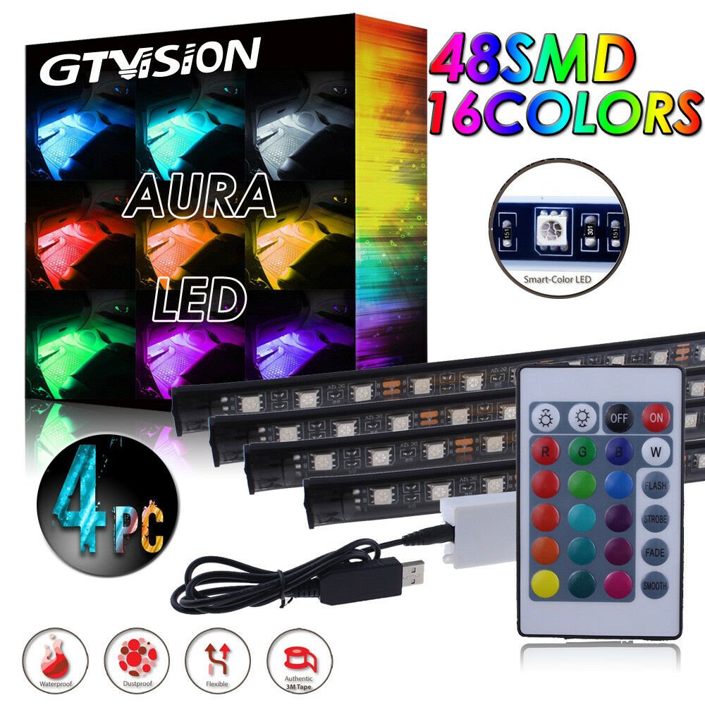 4x Glow 48LED Interior Car Kit Under Dash Floor Seats Accent Light Lamp RGB USB