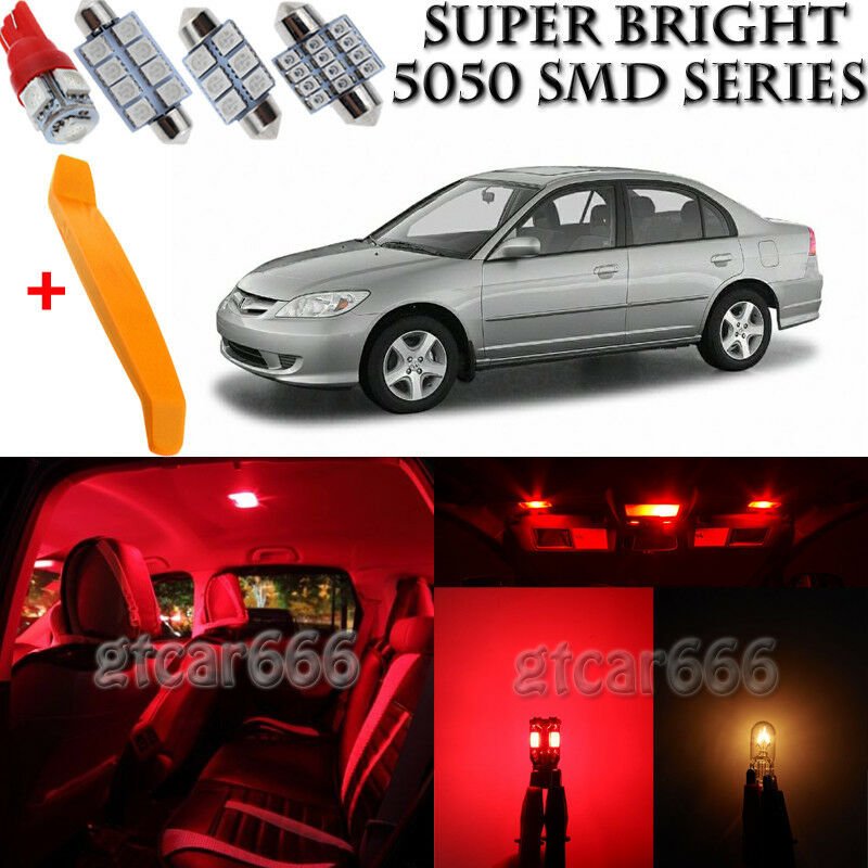 8 x Ultra Red Interior LED Lights Kit + TOOL For 2001 - 2005 Honda Civic