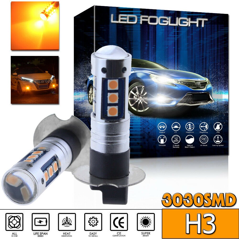 2X 15SMD H3 Bright 3000K Golden Yellow Projector LED DRL Driving Fog Light Bulbs
