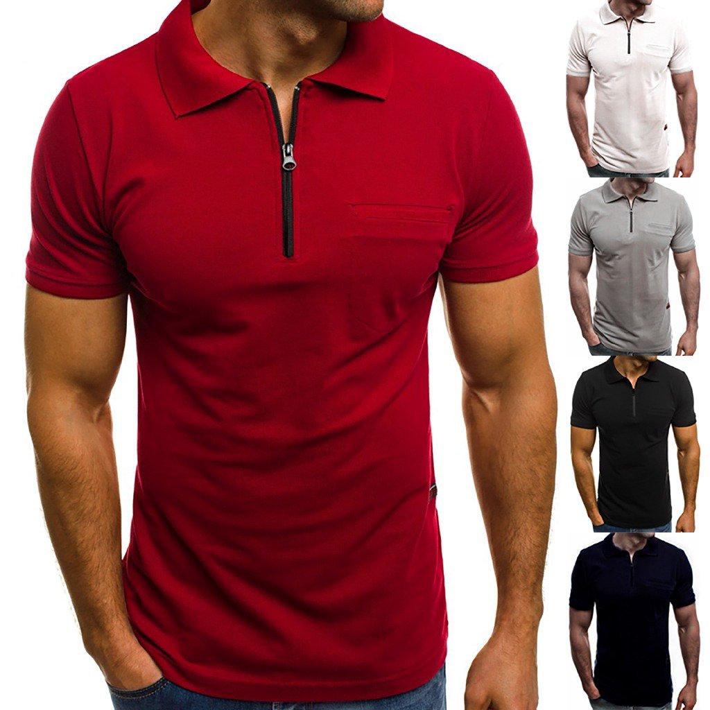 Mens Solid Lapel Polo Shirt Muscle Short Sleeve Zip Neck Business Sport Slim