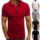 Mens Solid Lapel Polo Shirt Muscle Short Sleeve Zip Neck Business Sport Slim