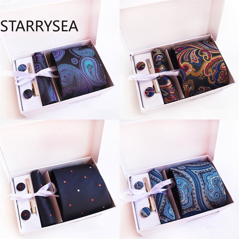 Gold Blue Red Classic Paisley Floral Men's Ties Pocket Square Cufflinks Clip Set