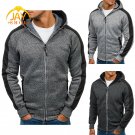 Men Zip Up Splice Hooded Sweatshirt Long Sleeve Black Grey M