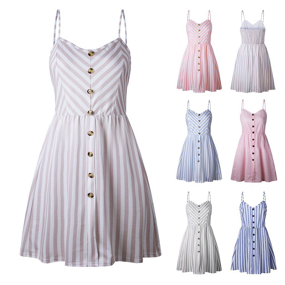 Women Summer Beach Button Midi Dress Swing Striated Sling Dresses