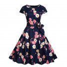Shesmile Women Summer Navy Retro Floral Short Sleeve Casual Knee Length Dresses