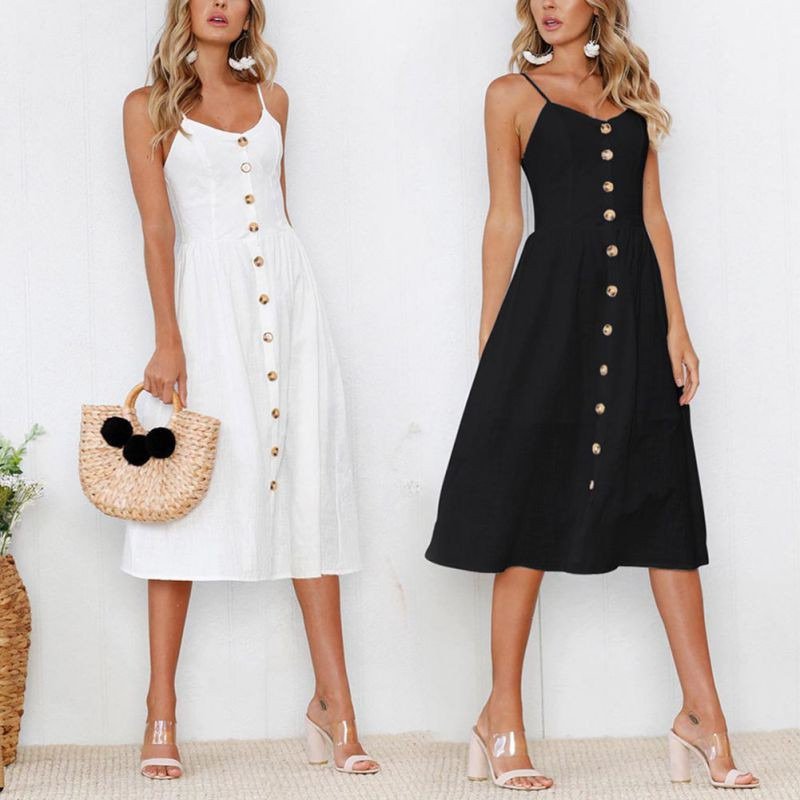 V Neck Backless Button Decoration Party Midi Spaghetti Strap Dresses