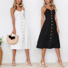 V Neck Backless Button Decoration Party Midi Spaghetti Strap Dresses