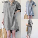 ZANZEA Women Long Sleeve Button Up Pullover Mini Dress