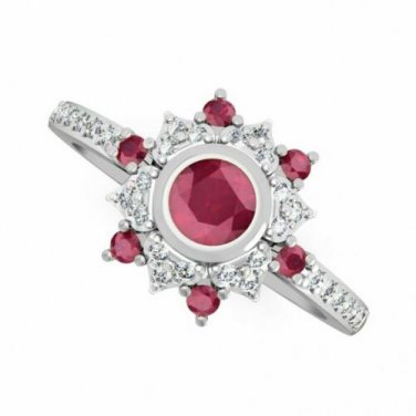 Sunshine Set Indian Ruby and White Topaz Halo Ring Unique Proposal Ring For Her