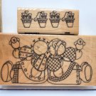 Dolls Birds Hearts Flower Pot Rubber Stamp Lot 2 Finders Keepers Country