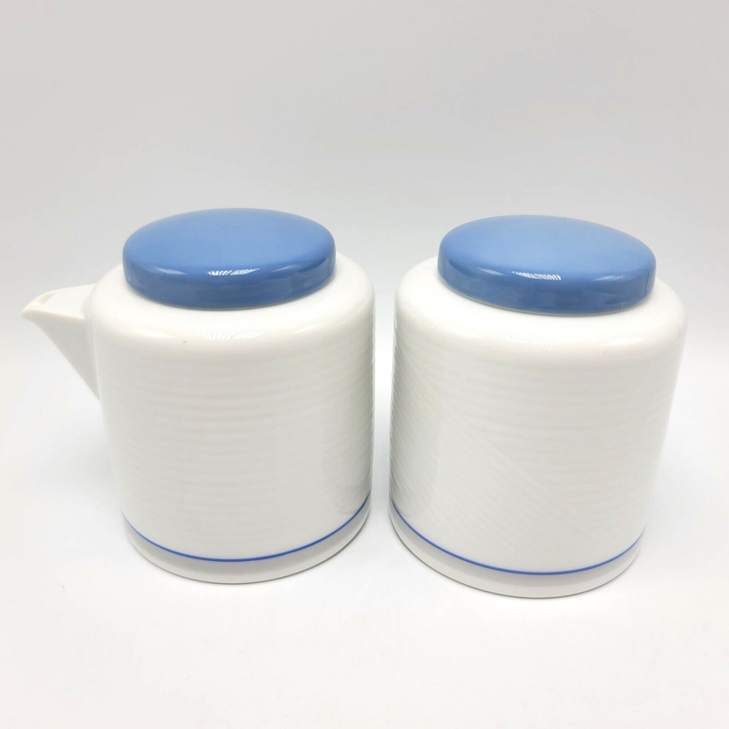Dansk Cream Sugar Set Lids Tapestries Damask Blue Modern Ribbed Swirl