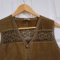 Vintage Macrame Suede Hippy Womens Vest S Olive Green Crochet Knitted Button