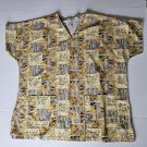 Womens Scrub Top Asian Bamboo Island Fish Cotton Size XL Brown Yellow