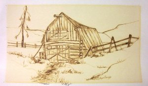 W.A. Lloyd Davies (1975) Log Barn Charcoal/Wash (Original)