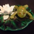 Hand Made for aquarium Ceramic Frog on Lily Pad with Flower