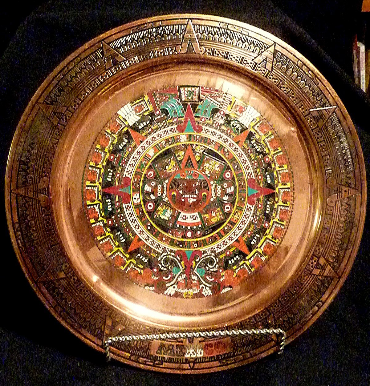 Mayan calendar Vintage round Copper 11in wall plaque chased multicolour