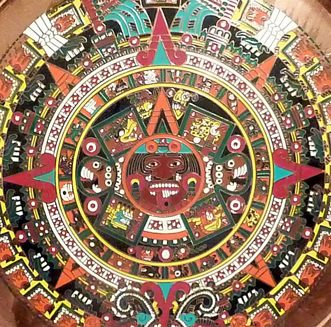 Mayan calendar Vintage round Copper 11in wall plaque chased multicolour