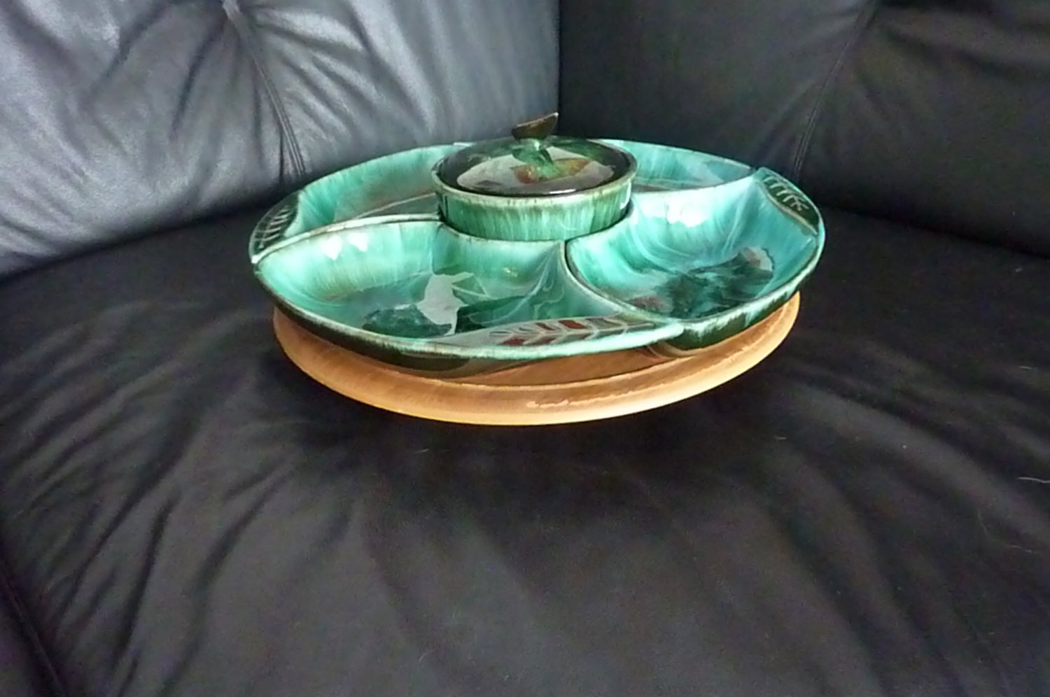 Complete Blue Mountain Pottery Lazy Susan Set with Condiment Bowl and Lid