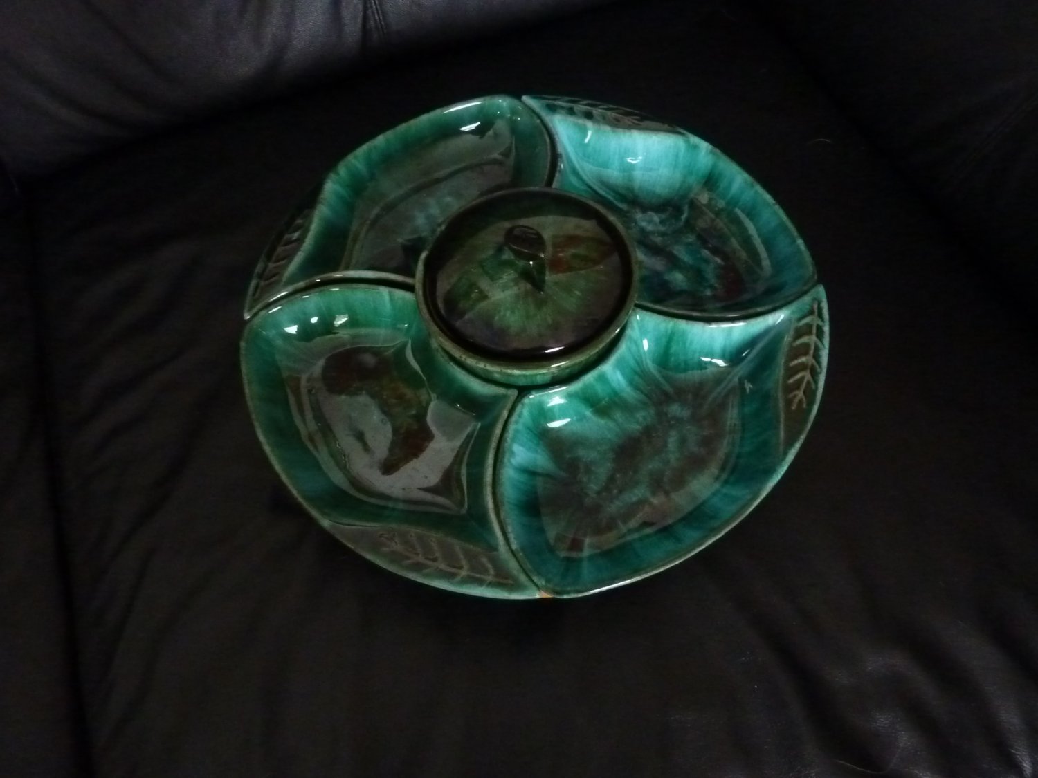 Complete Blue Mountain Pottery Lazy Susan Set with Condiment Bowl and Lid