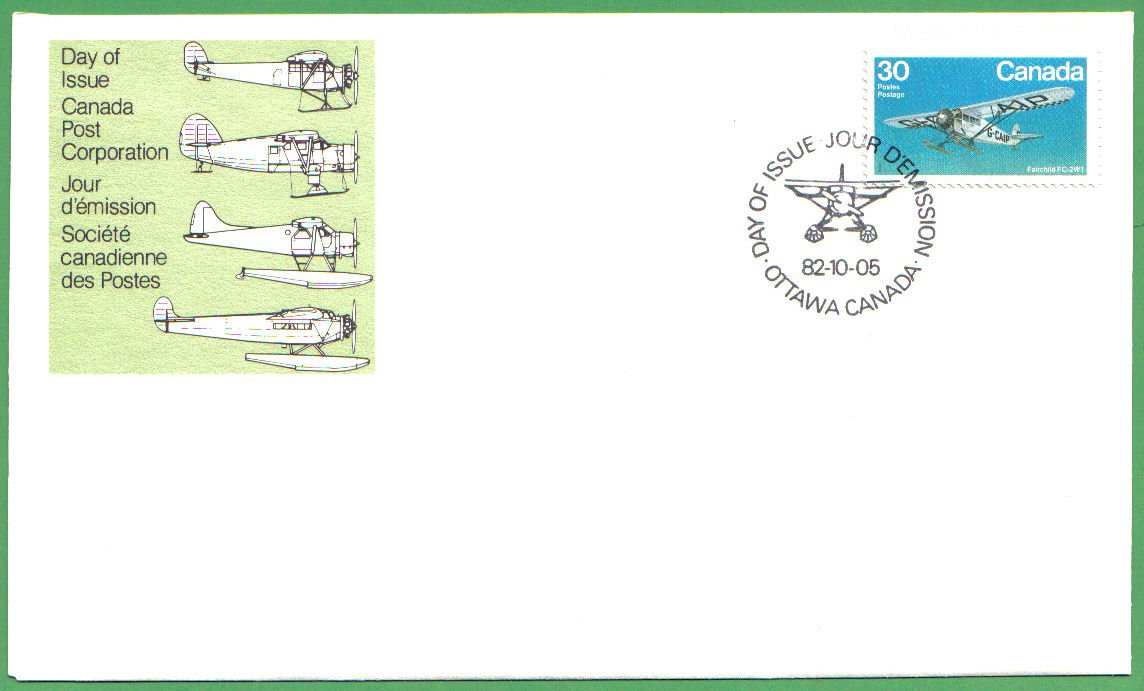 1982 CANADA FDC FAIRCHILD FC-2W1 30C STAMP #969 CP DAY OF ISSUE COVER