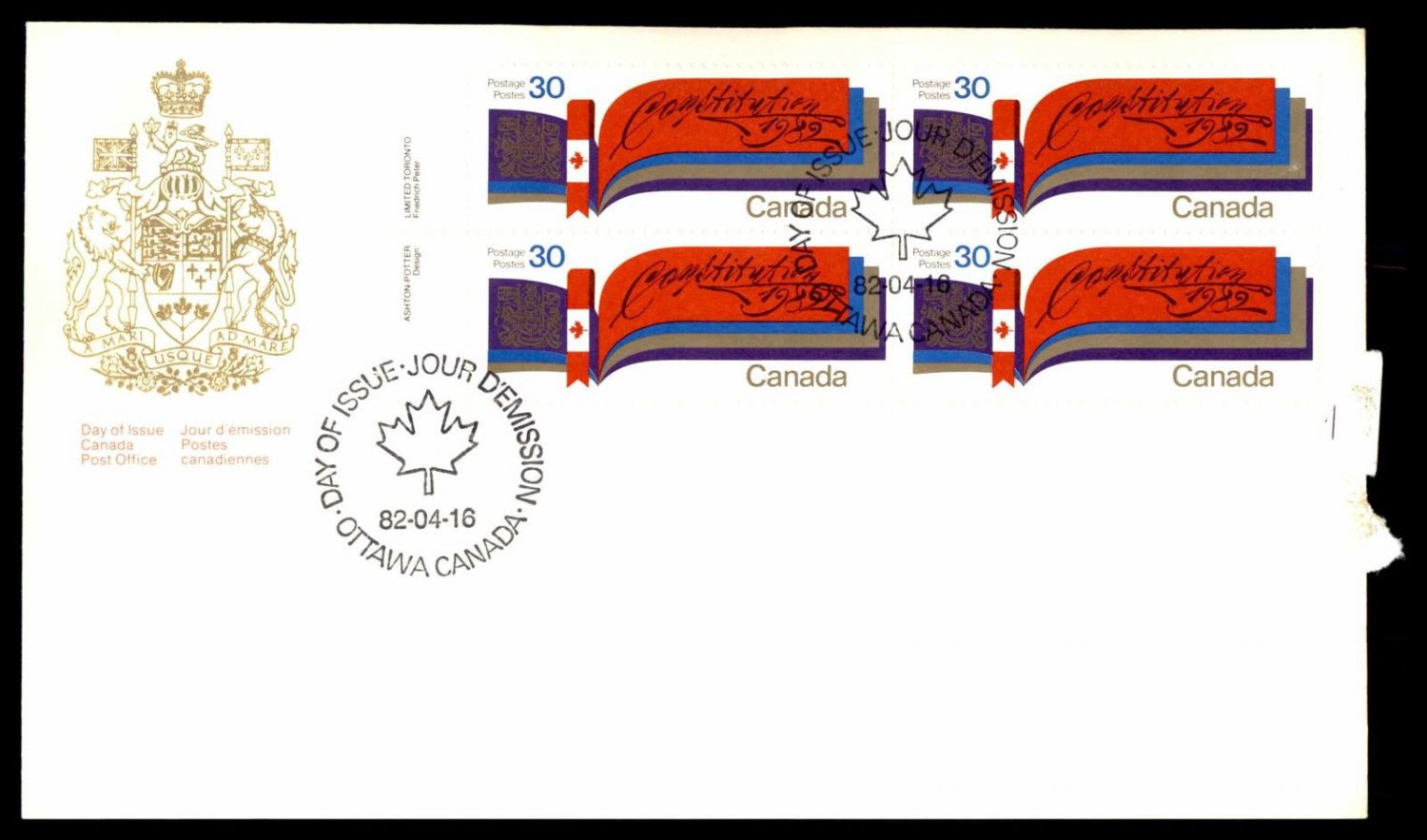 CANADA FDC 1982 CONSTITUTION BL PLATE BLOCK