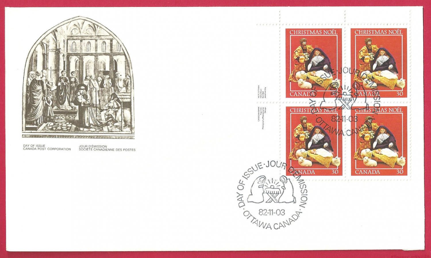 FDC Canada 1982 Christmas St Francis of Assisi and the Christmas Crib Red Block