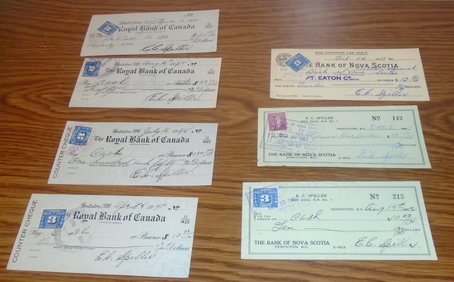 7 - 3 cent excise cancelled checks from 1945 - 1952