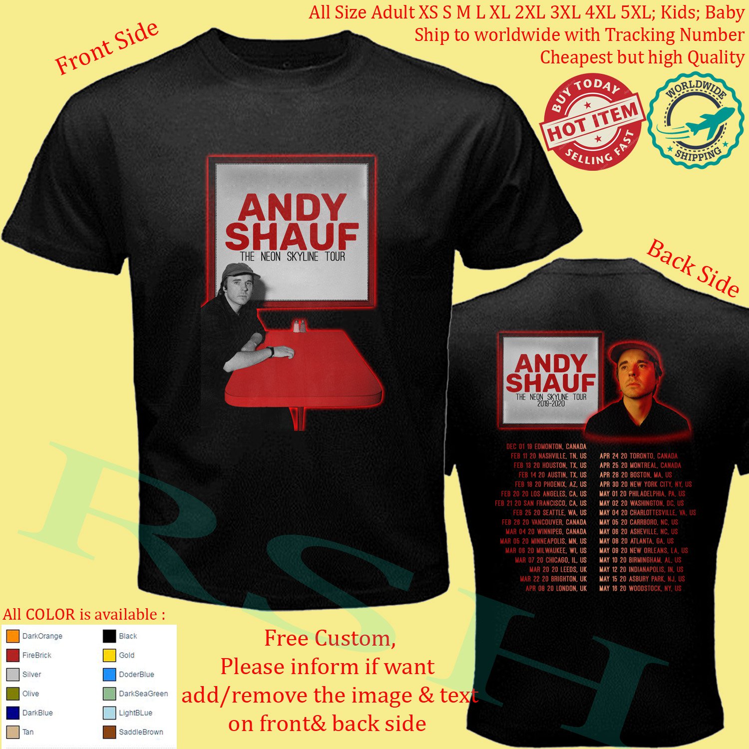 ANDY SHAUF - THE NEON SKYLINE TOUR 2109 2020 Concert Album T-Shirt Adult S-5XL Kids Toddler Babys