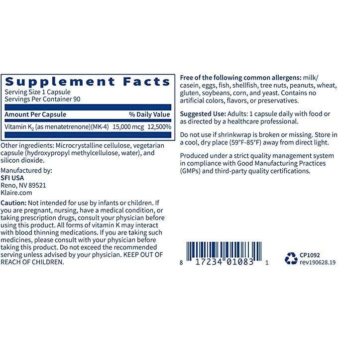 Klaire Labs Ultra K2 Menatetrenone (90 Capsules)