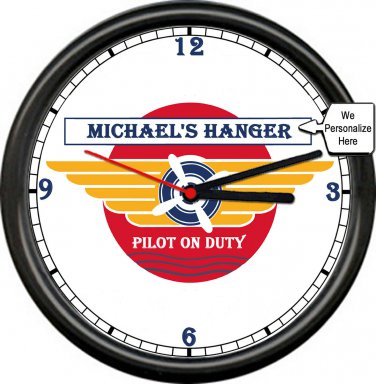 Personalized Name Pilot Airplane Hangar Aviation Flying Vintage Look Wall Clock