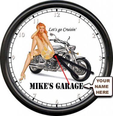 Personalized Custom Chopper Motorcycle Garage Repair Pinup Girl Sign Wall Clock