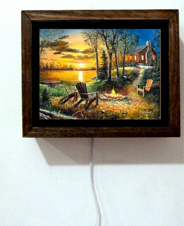 Lake Cabin Woods Fireside Adirondack Chairs Fishing Boat Fire Light Lighted Sign