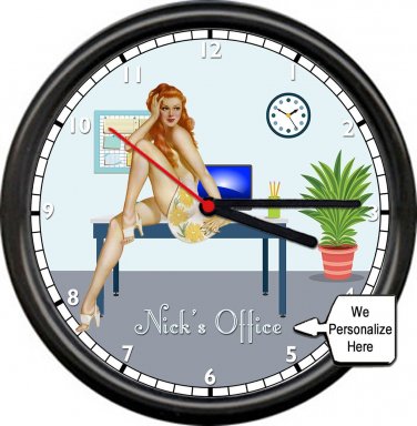 Personalized Your Name Home Office Pinup Girl Cute Redhead Sign Wall Clock