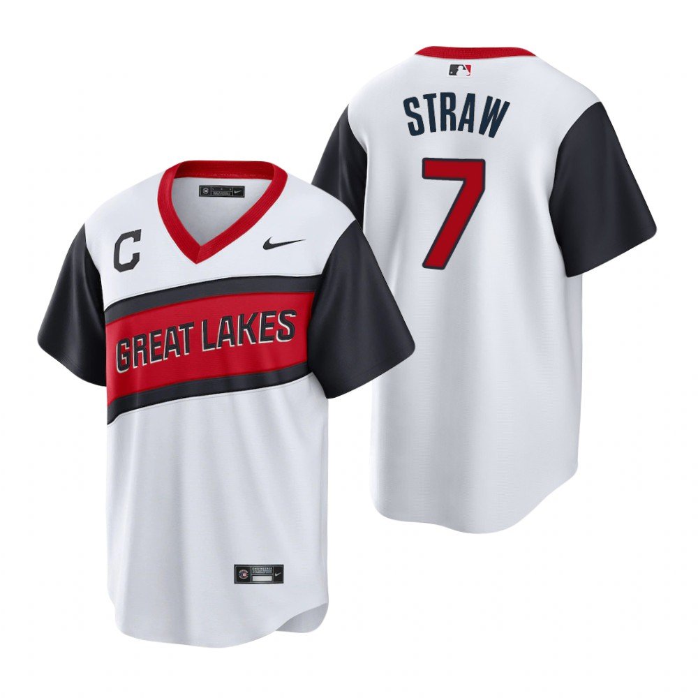 Myles Straw #7 Cleveland Indians White Home Little League Classic Mens Jersey Replica Stitched