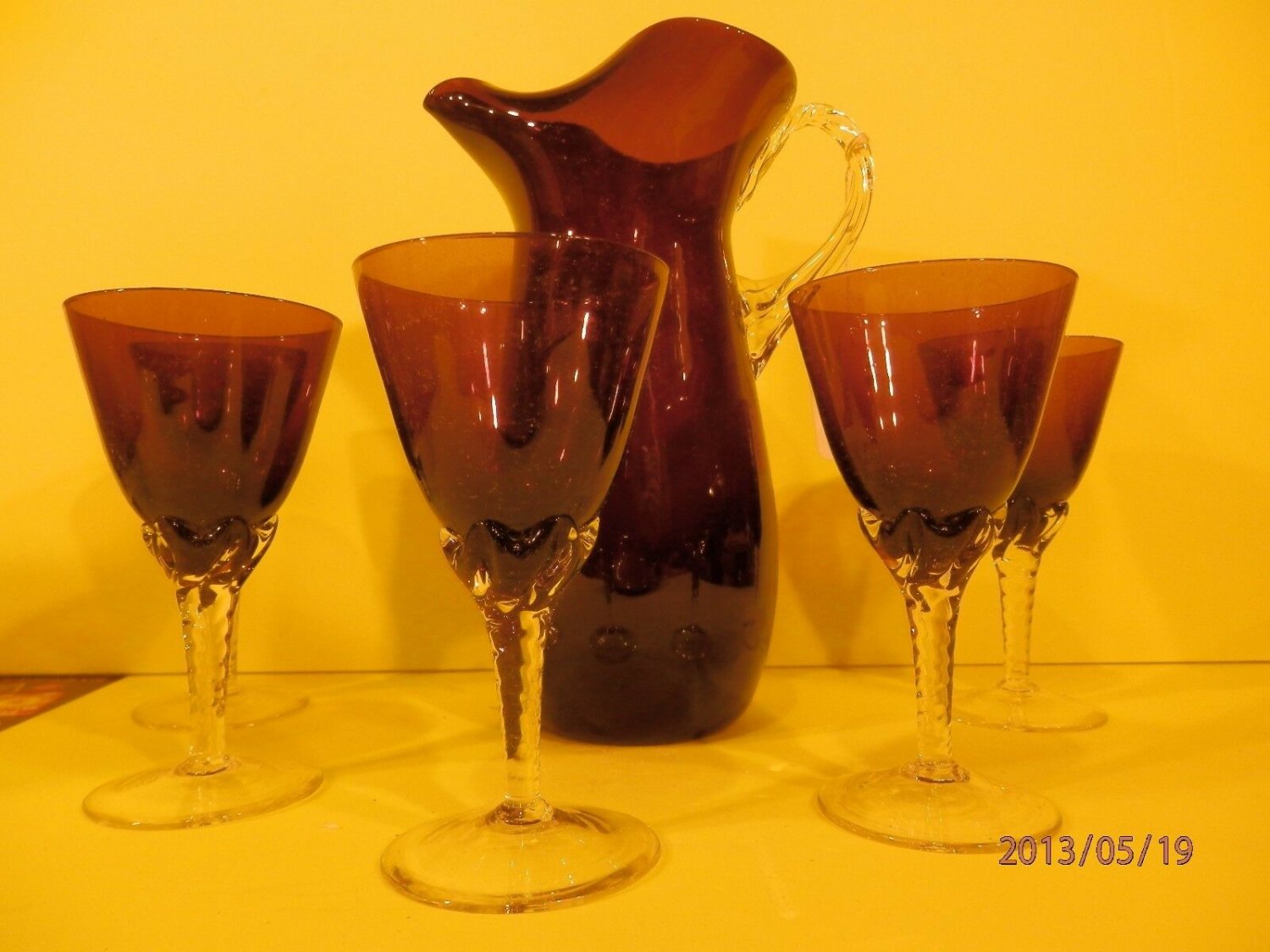 Amethyst Hand blown Pitcher Etched  6 piece glass water or tea Set  Goblets