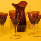 Amethyst Hand blown Pitcher Etched  6 piece glass water or tea Set  Goblets