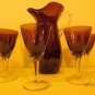 Amethyst Hand blown Pitcher Etched  6 piece glass water or tea Set  Goblets