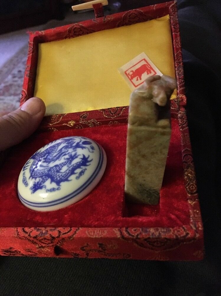 Marble Chinese Old Stone Stamp Wax Seal With Wax In A Presentation Box