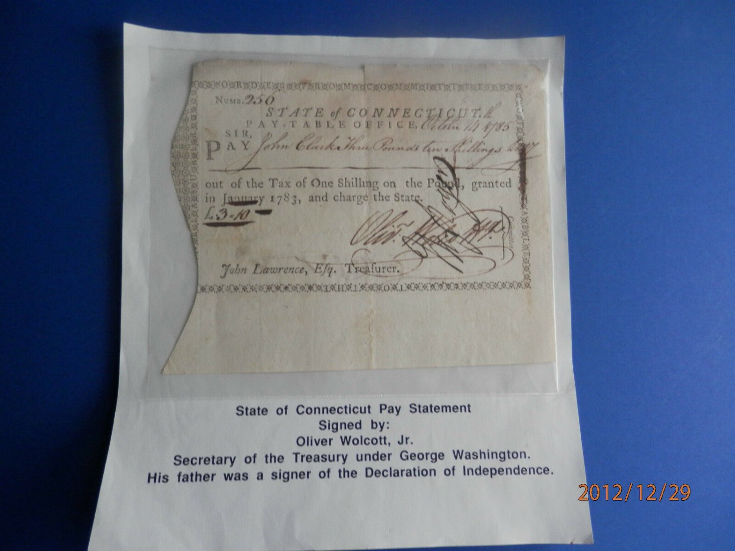 Revolutionary war Pay Statement Oliver Wolcott Jr. Secretary of Treasury signed