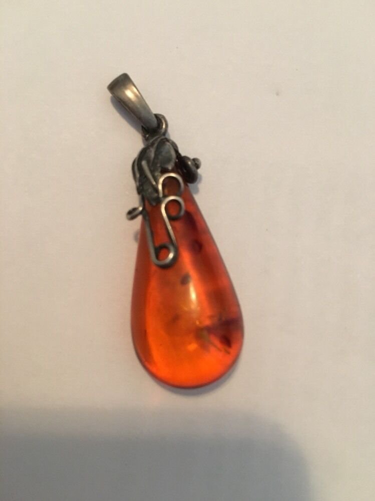 Sterling Silver Leaf attached to an  Amber Pendant  Baltic 1.25" Vintage