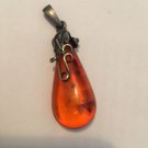 Sterling Silver Leaf attached to an  Amber Pendant  Baltic 1.25" Vintage