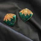 Vintage Signed VAL Green & Red Enamel Gold Tone Post Pierced Earrings