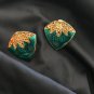 Vintage Signed VAL Green & Red Enamel Gold Tone Post Pierced Earrings