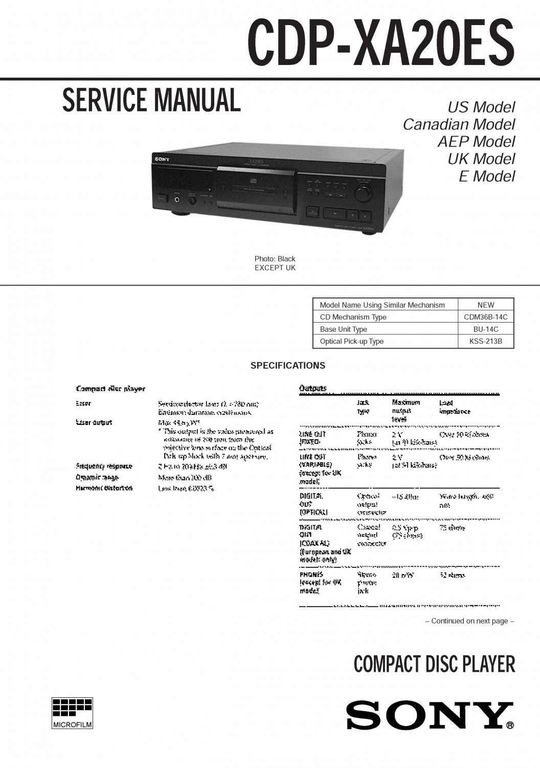Sony CDP-XA20ES CD Player Service Manual Instant Download