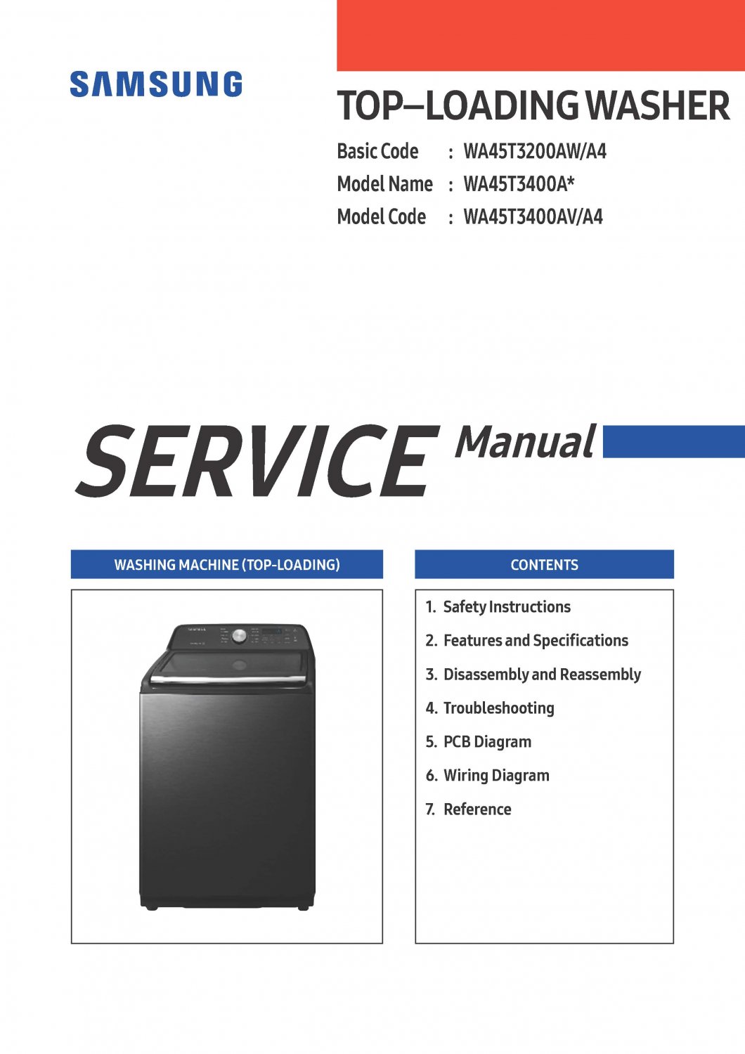 SAMSUNG WA45T3200AW WA45T3400AV WA45T3400AV/A4 SERVICE MANUAL
