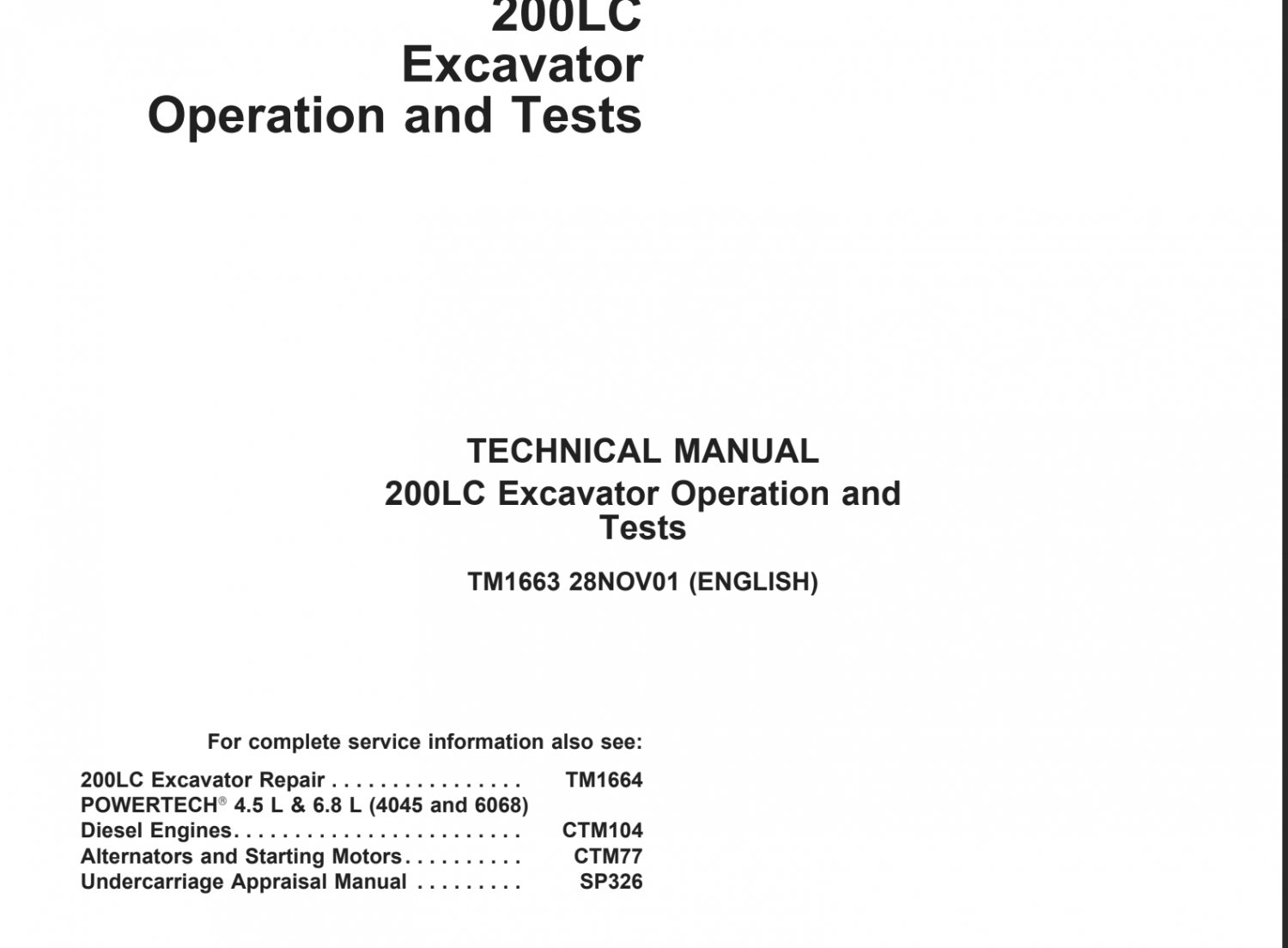John Deere 200LC Excavator Technical Manual TM1663