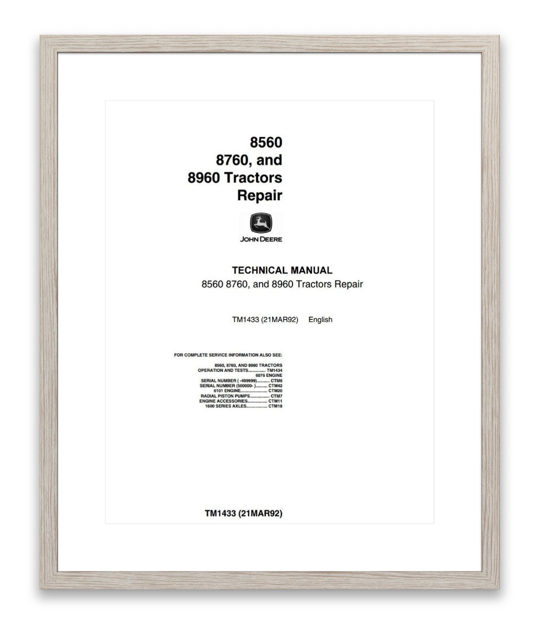 John Deere 8560 8760 8960 Tractor Technical Manual TM1433