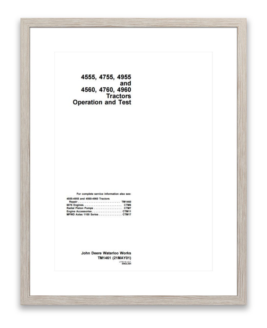 TM1461 John Deere 4555 4755 4955 4560 4760 4960 Tractors Service Operation & Test Manual