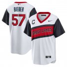 Men's Cleveland Indians #57 Shane Bieber Little League Classic White Jersey Cool Base Stitched